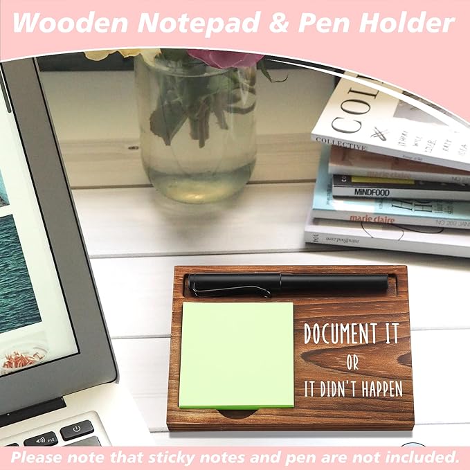Sticky Note Holder Wooden Notepad & Pen Holder 6.5" x 4.7" Sticky Note Pad Holder Dispenser for Desk Work Humor Gifts, NPA179