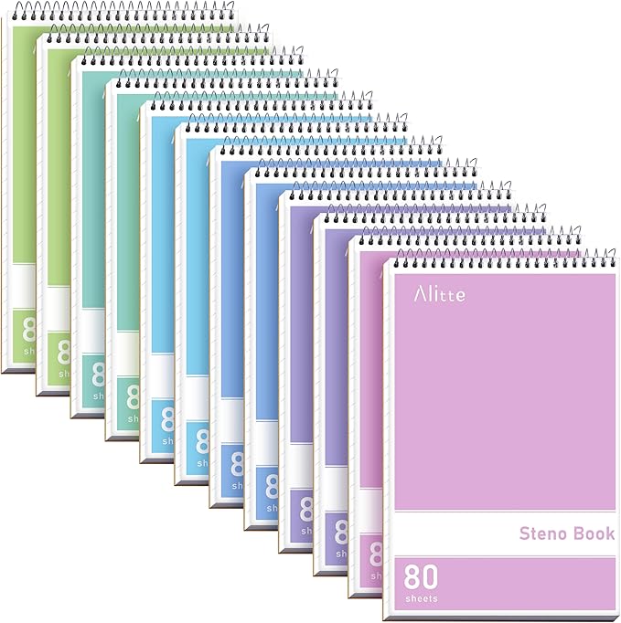 Steno Pads Spiral 6x9-12 Pack Pastel Colors - Perfect for Work, School, and Home Use, Easy Tear-Off Pages, Gregg ruled, White Paper - No Ink Bleeds - 80 Sheets