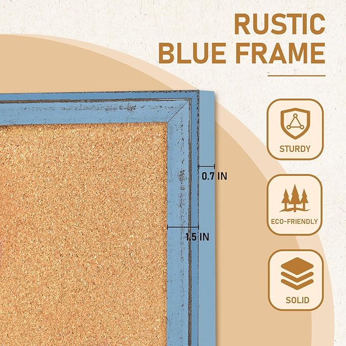DOLLAR BOSS Cork Boards for Walls, 24 X 18 Inches Bulletin Board Decorative Hanging Pin Board Rustic Wooden Frame Vision Board Notice Board for Office Home Decor, Blue