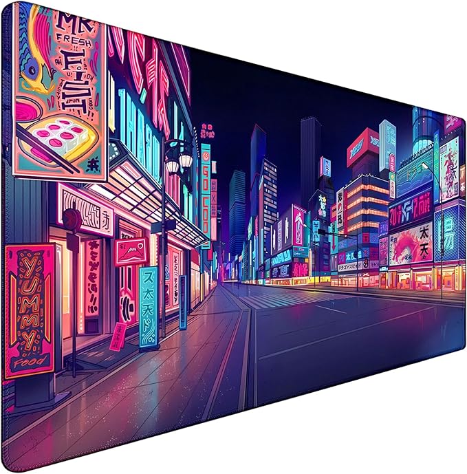 Japanese City Big Desk Mat Large Office Desk Pad, Durable Extended Mouse Mat, 31.5"x15.7" Computer Mousepad with Non-Slip Rubber Base & Stitched Edge for Home Office Gaming Work
