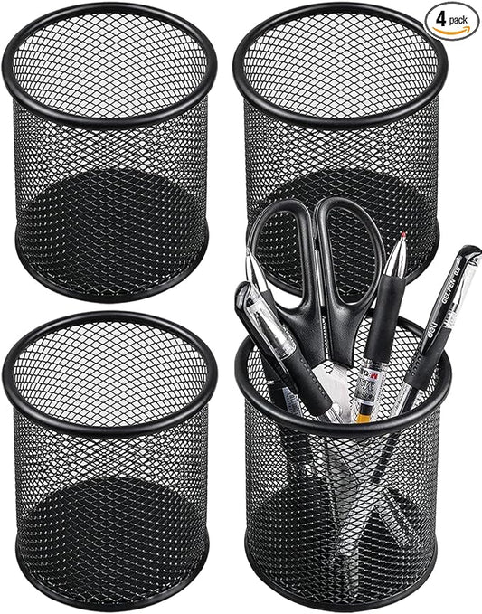 QYH Metal Pencil Holder for Desk Mesh Pen Cup 4 Packs Black Pen Organizer Office 3.54x3.93 Inch