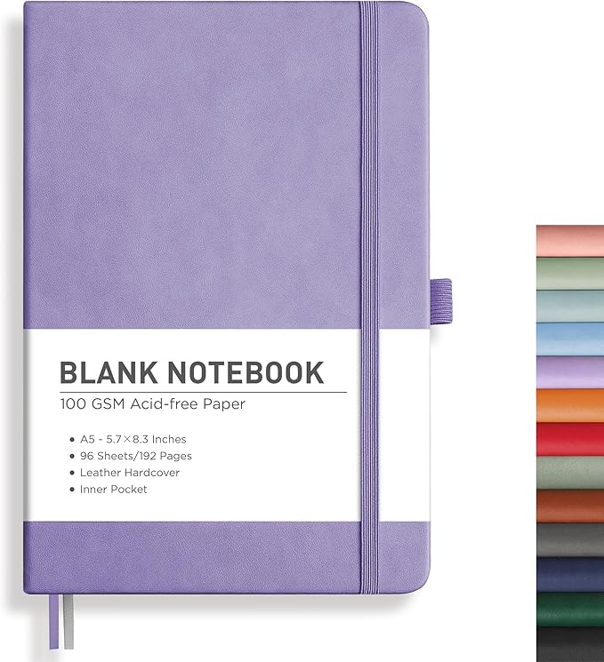 RETTACY Blank Journal Notebook, A5 Blank Journal with 192 Pages, 5.7'' × 8.3'' Medium Size, 68 LB/100 GSM Thick Paper, Leather Hardcover, for Sketching, Drawing, Painting (Purple)