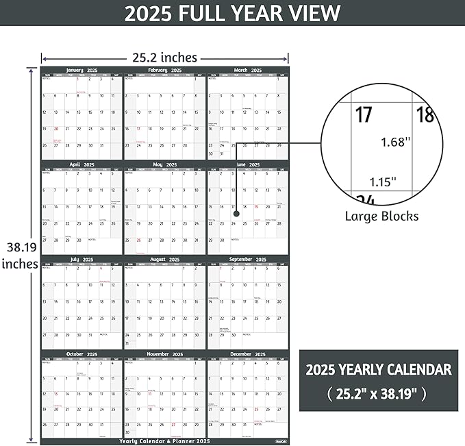 Yearly Wall Calendar 2025 - Large Yearly Calendar 2025 Vetical, Jan 2025 - Dec 2025, 25.2" x 38.2" (Open), 2025 Calendar, Large Wall Calendar 2025, Full Year Paper Calendar with Notes, Thicker Paper