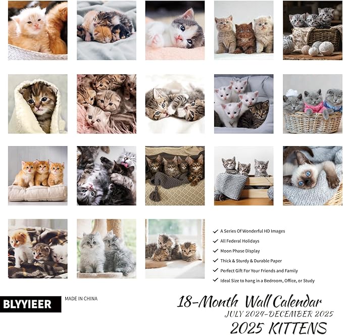 2025 Wall Calendar,Calendar 2025,Kittens Monthly Wall Calendar, 12" x 24" Open,Family Planner Calendar Jul.2024 - Dec.2025 Organizer with Cute kittens Images, for Kitty Cats Lovers