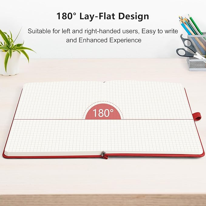 RETTACY Graph Paper Notebook, A5 Grid Notebook Journal with 192 Pages, 5.7'' × 8.3'', Medium Size, Leather Hardcover, 100 GSM Thick Paper, for Students, Homework, Math, Engineering (Red)