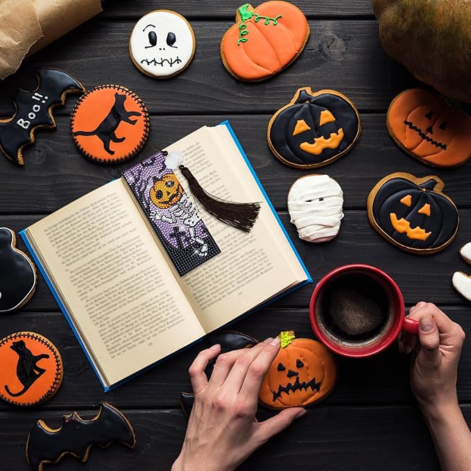 Anseal Halloween Diamond Painting Bookmarks for Book Lovers, Rhinestone PU Leather Diamond Art Bookmark for Women Girls, Tassel Beaded Book Mark for Graduation Birthday Reading Present (Halloween)