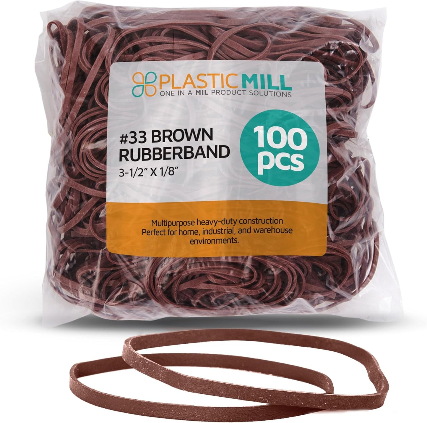 PlasticMill Brown Rubber Bands Size 33 (3 1/2" x 1/8") - #33 Colored Rubber Bands Office Supplies - Strong, Elastic Bands for Crafts, Balloon Garland, Cash, File Folders (100-Pack)