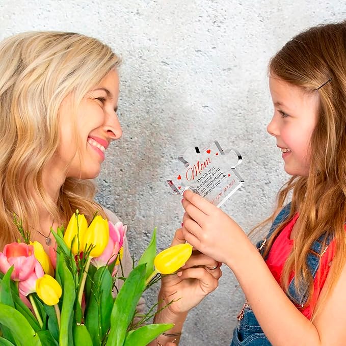 VELENTI Engraved Acrylic Block Puzzle - Mom Present, 4.1 x 3.5 inch - Cool Mom Gift from Daughter, Son, Dad - Heartwarming Birthday