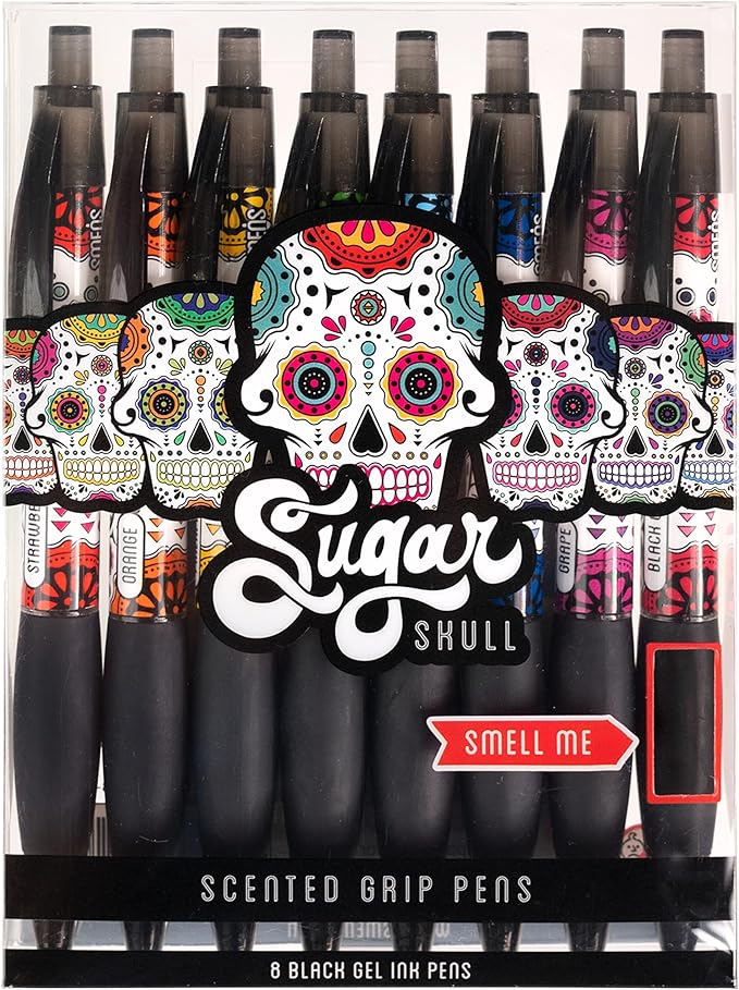 Sugar Skull Smens - Patented Gourmet Scented Pens, Black Ink, Medium Point - 8 Count