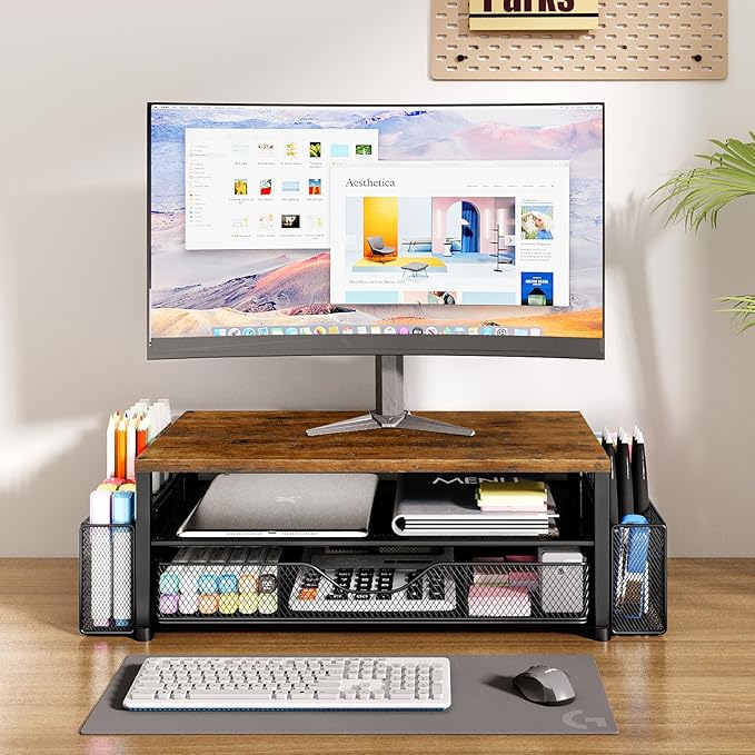 Desk Organizers and Accessories, 2-Tier Computer Monitor Stand for Desk Organizer with Drawer and 2 Pen Holders, Office Desk Accessories Workspace Desktop Organizers for Office Supplies, Brown