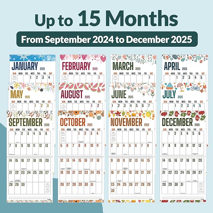 SUNEE Calendar 2024-2025, Large Print Wall Calendar Sep. 2024 - Dec. 2025, 15-Month, Monthly Planner with Big Grid, Big Wall Calendar for Home Office Planning, 12" x 24" (Open)