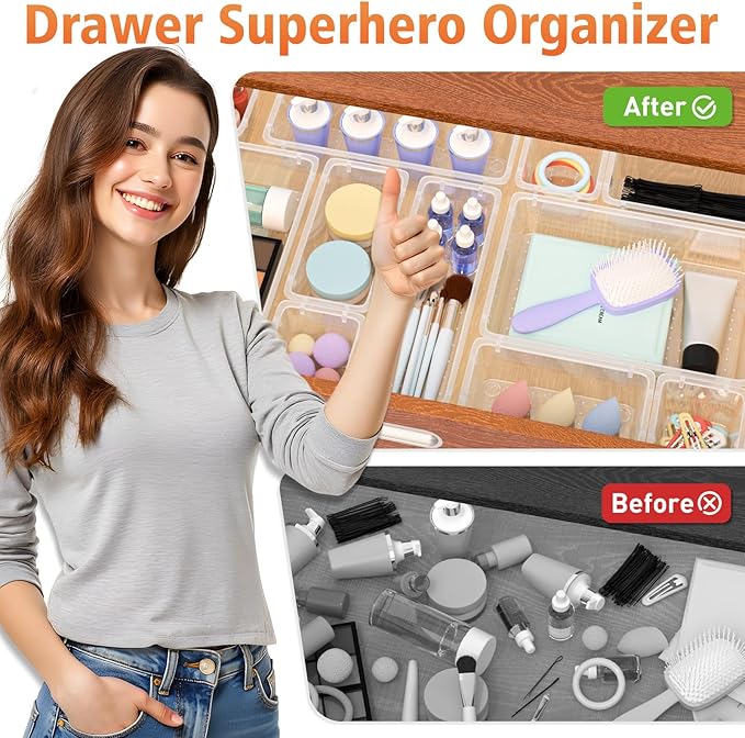 Drawer Organizers of 45 PCS Plastic Drawer Organizer Bins, 4 Sizes Versatile Bathroom Kitchen Office Organizers and Storage Containers for Makeup, Utensils, Stationery