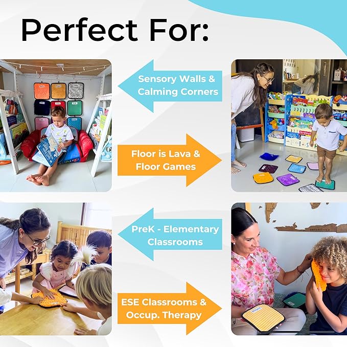 9 Labeled Sensory Mats w/Lesson Plans, Sensory Toys for Kids with Autism, Sensory Wall & Autism Toys for Toddlers 3-4, Calming Corner Items Kids 5-7, 8-12, Special Education Classroom Must Haves