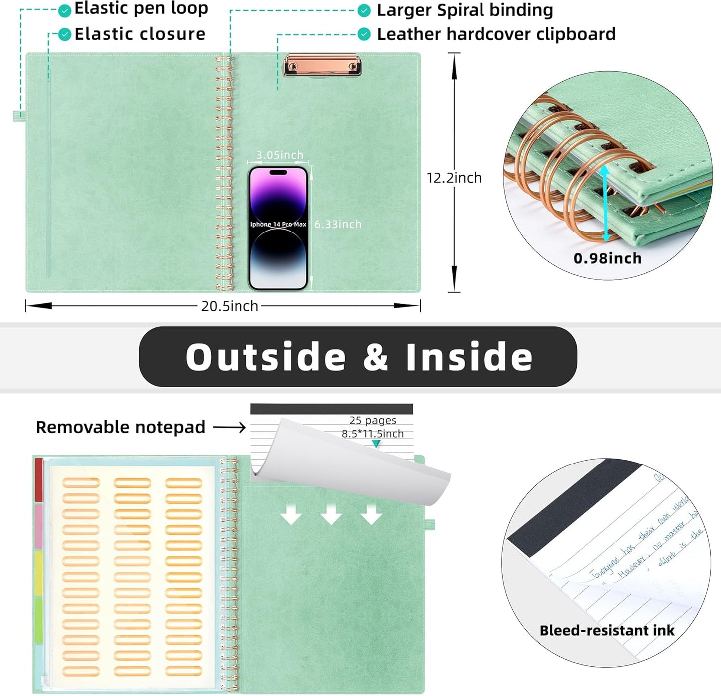 Ospelelf Leather Clipboard Folders with with Storage Zipper Pouch, Spiral Clipboard Folio with Notepad for Letter Size, 5 Folders with 10 Pockets, 39 Divider Label Stickers (Light Green)