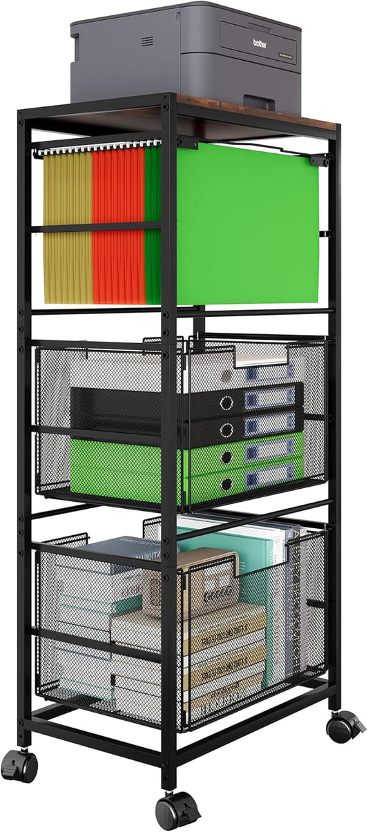EasyPAG Mobile Rolling File Cart with Wheels Letter & Legal Size Hanging File Folder Rack 3 Tier File Folder Rack with Pull-Out Drawer for Home Office, Black