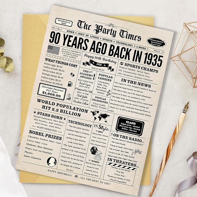 90th Birthday Card, 90th Birthday Decorations for Women Men, 90th Birthday Gifts for Grandma Grandpa, Back in 1935 Birthday Card