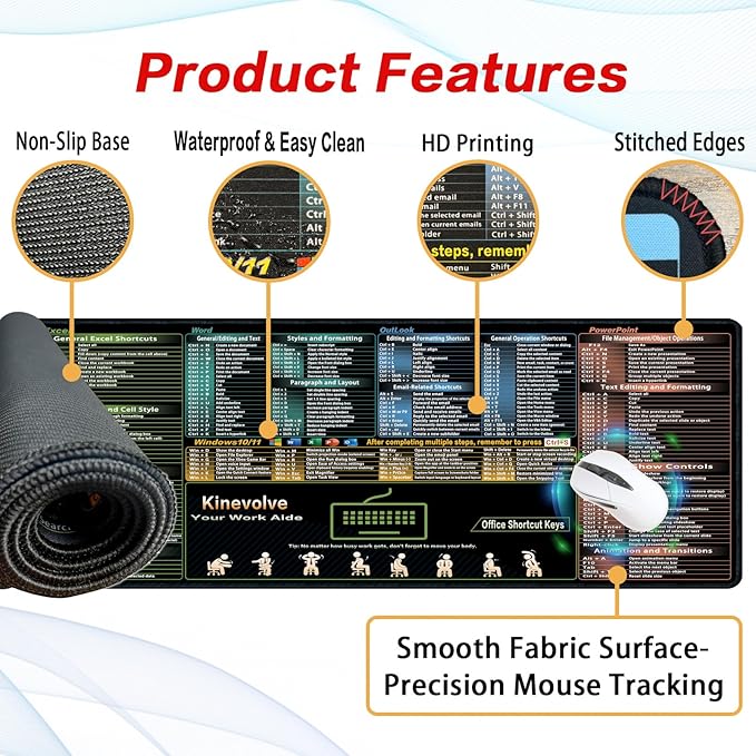 Excel/Word/Outlook/Windows/PowerPoint Shortcut Keys Mouse Pad, Shortcut Mat for Pc Office,Large XL Gaming Mousepad,Non-Slip Stitched Edge 31.5" x 11.8"