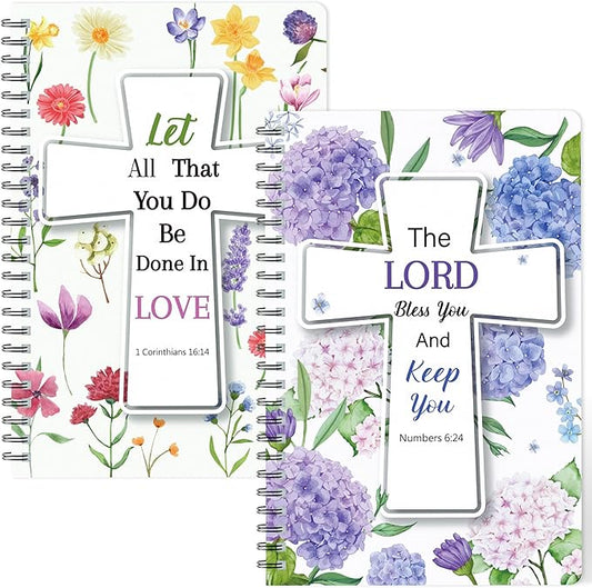 2Pack A5 Floral Cross Religious Spiral Notebooks - Bible Verses Writing Notebooks, Ruled Hardbound Lined Journal, Inspirational Christian Christmas Gift, Sunday School Supply (Purple & Yellow)
