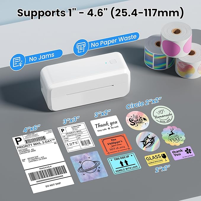 Bluetooth Thermal Label Printer, Shipping Label Printer for 4x6 Shipping Packages & Small Business, Compatible with IOS, Android, Windows and Mac, Widely Used for Ebay, Amazon, Shopify, USPS (White)