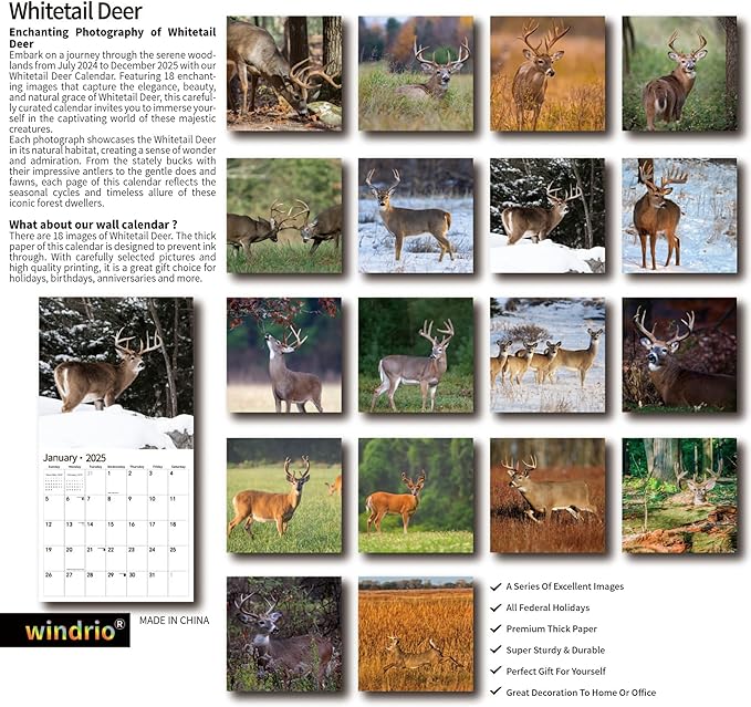 2025 Wall Calendar,Calendar 2025, November 2024 - December 2025, Wall Calendar Whitetail Deer, 12" x 24" Opened,Full Page Months Thick & Sturdy Paper for Gift Perfect Calendar Organizing & Planning