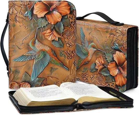 Lotusorchid Large Faux Leather Bible Cover, Hummingbird Bible Cover Case for Women with Handle Pocket, Hibiscus Bible Book Carrying Bags Bible Tote Bag, Bible Study Accessories, Orange, L
