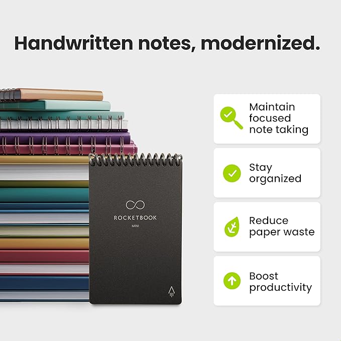 Rocketbook New Mini Reusable Smart Notepad, Pocket Size Notebook 3.5x5.5, Black - Dotted Pages, App-Connected, Erasable, Ideal for On-The-Go List Taking & Quick Notes Anywhere