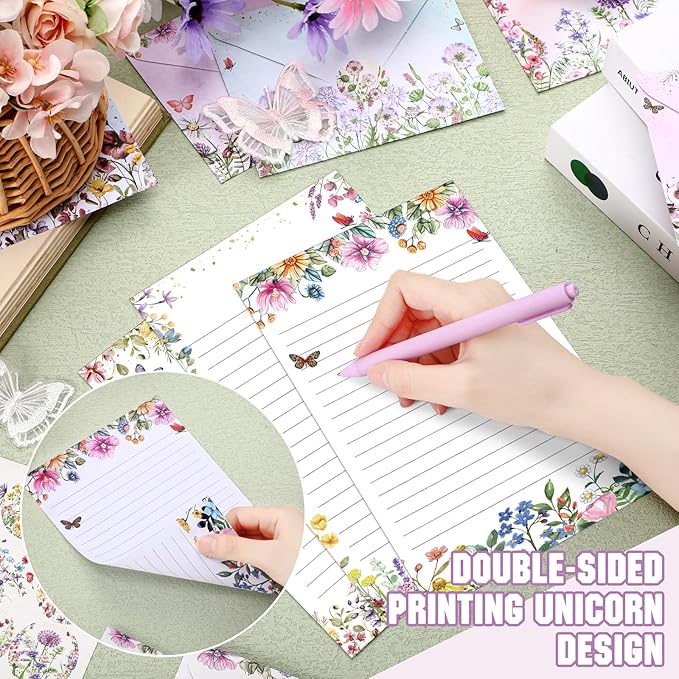 TaoBary 160 Packs Stationery Paper Set (50 Double Sided Stationery Writing Papers 50 Matching Envelopes) 60 Round Dot Sticker, 10 Design(Wildflower,5.5 x 8.25 Inch)