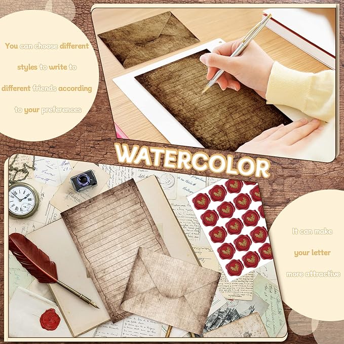 TaoBary 160 Packs Stationery Paper Set (50 Double Sided Stationery Writing Papers 50 Matching Envelopes) 60 Round Dot Sticker, 10 Design(Vintage,8.5 x 11 Inch)