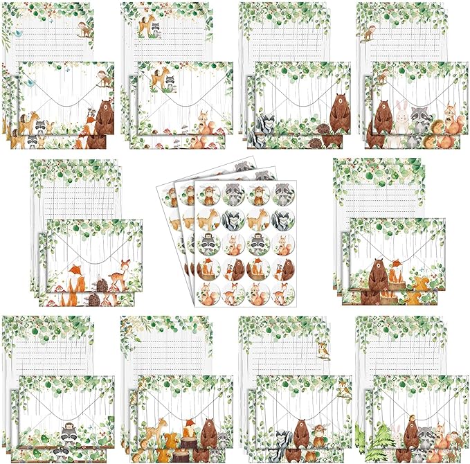 TaoBary 160 Packs Stationery Paper Set (50 Double Sided Stationery Writing Papers 50 Matching Envelopes) 60 Round Dot Sticker, 10 Design(Land Animal,5.5 x 8.25 Inch)