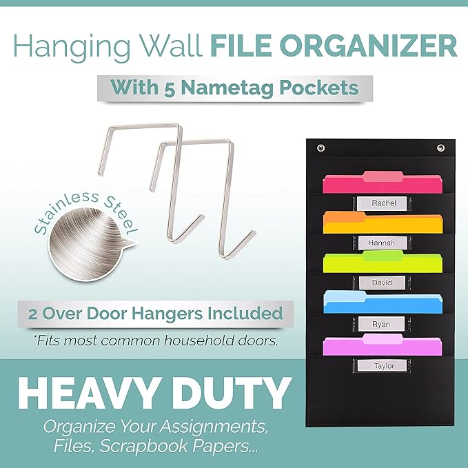 Hippo Creation Heavy Duty Storage Pocket Chart for Classroom, 5 Pocket Storage Organizer with 2 Over-Door Hangers, Hanging Wall Organizer for File Folders, School Mailbox, Home Office Papers - Black