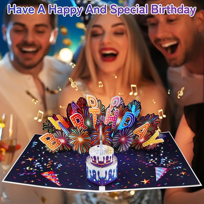 Birthday Cards Fireworks 3D Pop Up Blowable Cake Light Music Happy Birthday Card Gifts for Women,Men, Mom, Kids