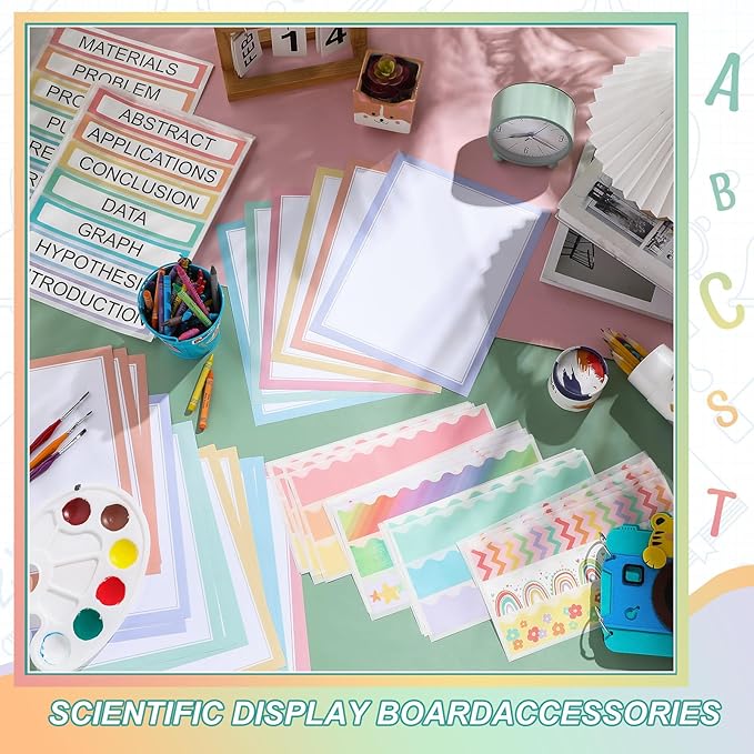 90 Pcs Science Fair Board Supplies 60 Trim Scalloped Bulletin Board Borders 24 Presentation Board Subtitles 6 Science Fair Titles for Classroom Display Boards (Pastel)