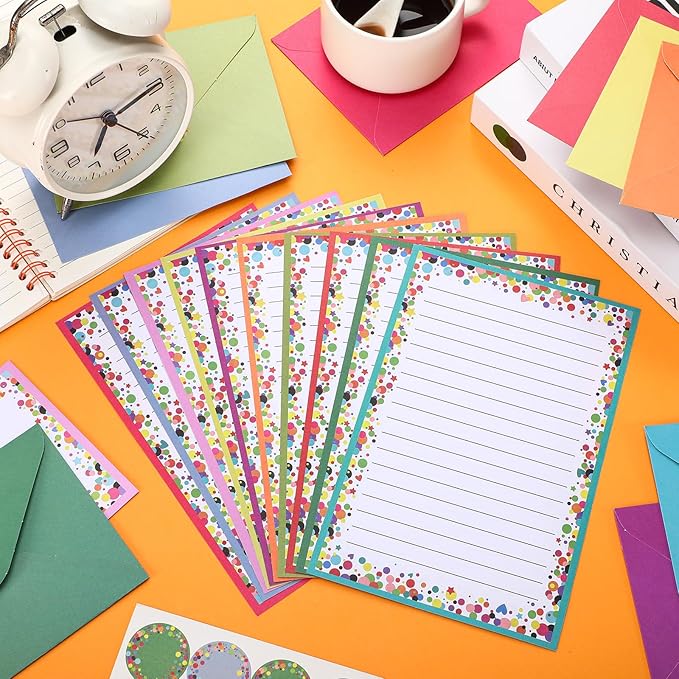 TaoBary 160 Packs Stationery Paper Set (50 Double Sided Stationery Writing Papers 50 Matching Envelopes) 60 Round Dot Sticker, 10 Design(Dot,5.5 x 8.25 Inch)