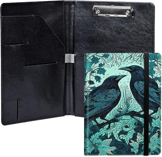 Ravens On Branches PU Leather Padfolio Clipboard Notepad with Pen Loop and Elastic Strap Interview/Resume Document Organizer for Business School Office