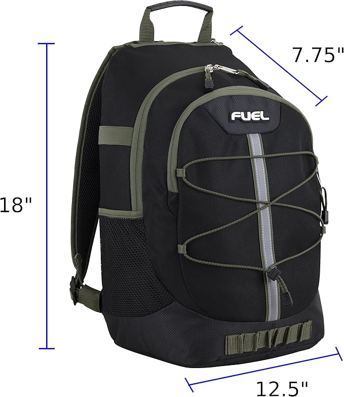 FUEL Hiking Backpack for Women Men Terra Sport, Travel, College, Gym, Work with Laptop Sleeve, Bungee, 18 Inches, Black