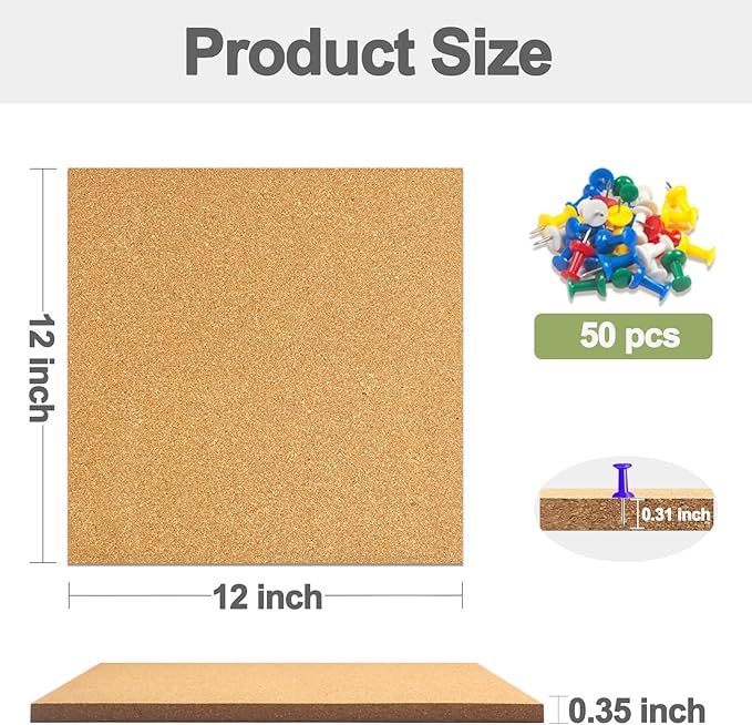 6 Packs Cork Board Tiles 12" x 12", 0.35" Thick Self-Adhesive Cork Boards for Walls with 50 Push Pins, Square Bulletin Boards Cork Tiles for Home Office Decorative