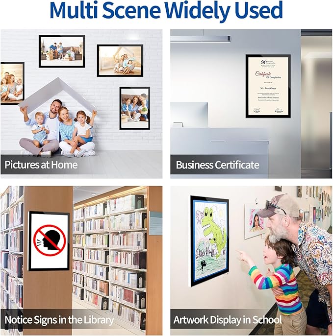 5Pack 11" x 17" Acrylic Sign Holder Wall Mount, Self Adhesive Magnetic Display Frame with Nano Tape and Strong Magnetic Border for Wall, Door, Glass, Home, Store, Office, Black
