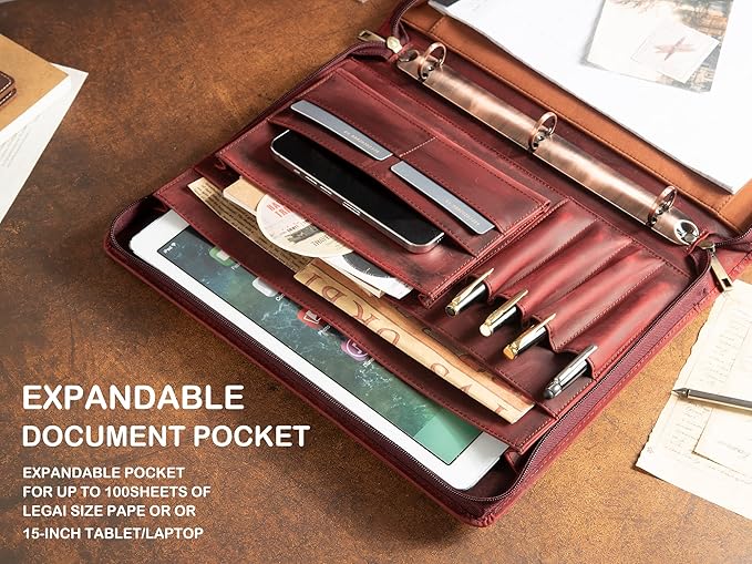 AZXCG Leather Portfolio Organizer, 3 Ring Binder Padfolio Folder, Resume Zippered Folio for A4/Letter Size Notepad, Business Binder Portfolio with Zipper for 13" Laptop, Gift for Women, Red