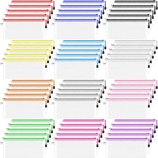 Smarpau 60 Pcs Pencil Pouch, 12 Colors 9.3" x 4.7" Small Mesh Zipper Pouches Clear Pencil Case, Waterproof Zipper Pencil Bags for Organizing Travel, Office Storage