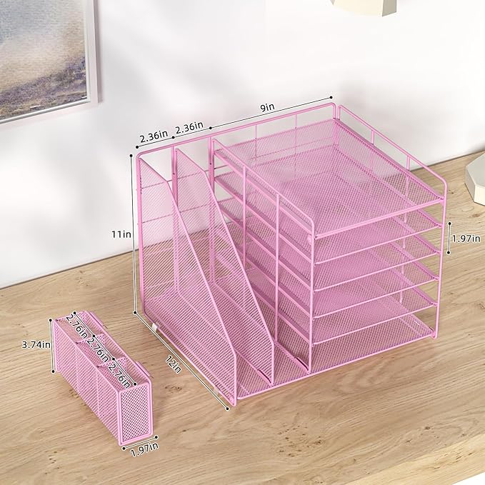 File Organizer for Desk, 6 Tier Desk Organizer Paper Tray with File Holder Pen Holder, Mesh Office Desk Accessories & Workspace Organizers (Pink)