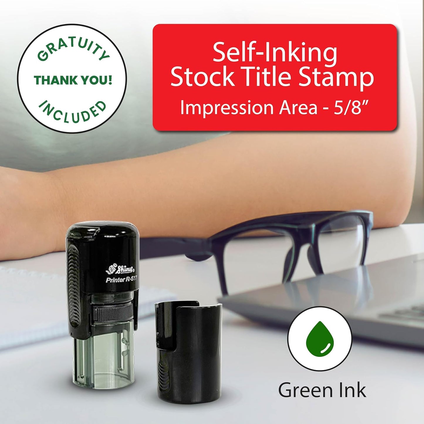 Shiny Gratuity Included Stamp, Round Self Inking Stamp for Restaurant, Bar and Retail, Green Ink