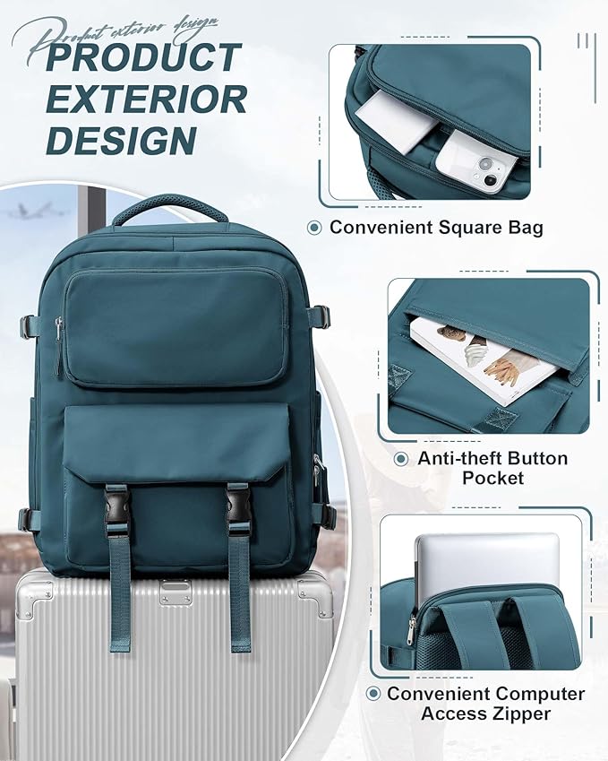 SEAFEW Peacock Blue Travel Backpack for Women,Carry on Backpack Flight Approved,Casual Daypacks Cabin Bagage,Hiking Backpack Lightweight Rucksack(Large)