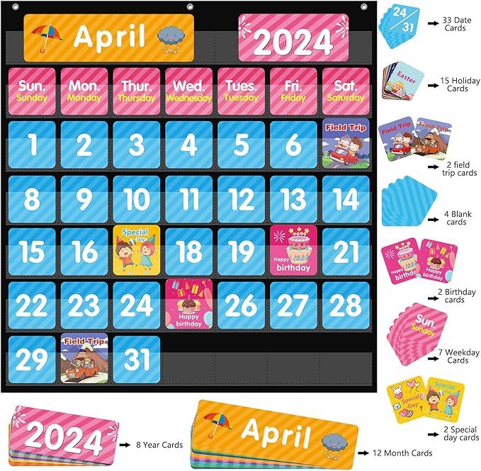 REGELETO Large 44 Pockets Calendar Pocket Chart for Classroom with 85 Cards, Size:25” X 24” Monthly Calendar and Weather Black Pocket Chart for Kids Learning for Home or Kindergarten (44 Pockets)