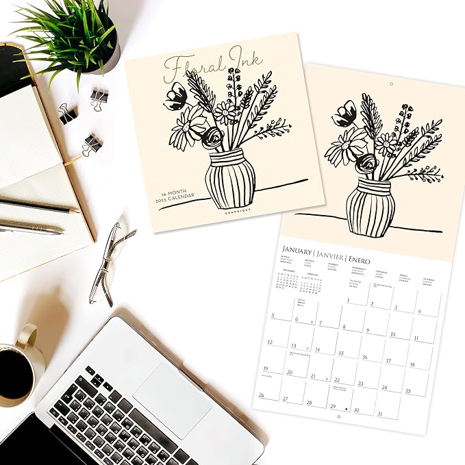 Graphique 2025 Floral Ink Wall Calendar | 12” x 12” | Thick Paper | Home & Office Organizer | Large Monthly Grid | 3 Languages & Marked Holidays | 4 Month Preview Page for 2026
