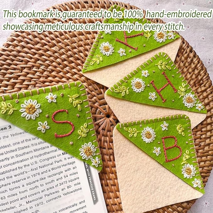 Personalized Hand Embroidered Corner Bookmark, Bookmarks for Women, Personalized Bookmark for Book Lovers, Cute Flower Book Mark by HNQCPCVU (P, Green)