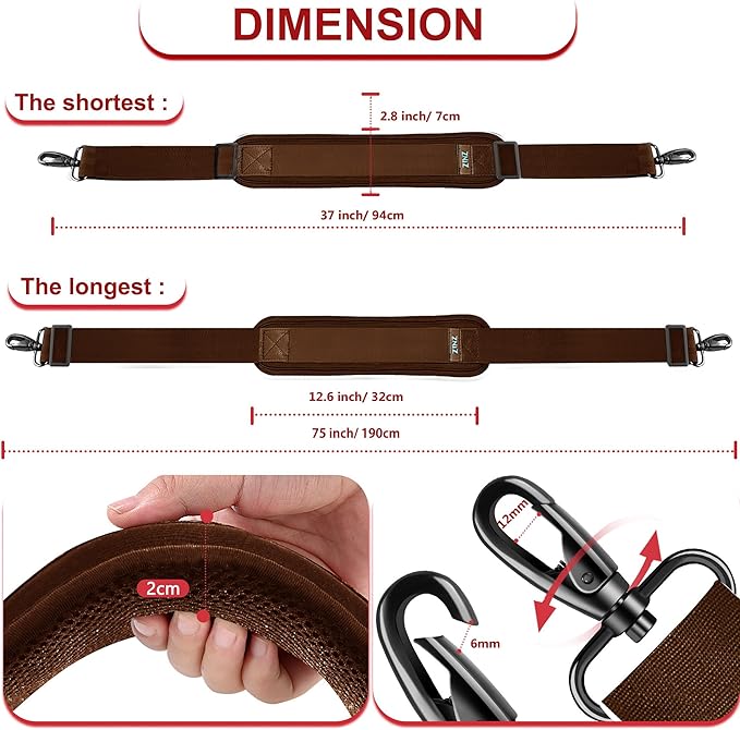 ZINZ 75" Shoulder Strap with Fixed Pad and Dual Balanced Buckles，Brown