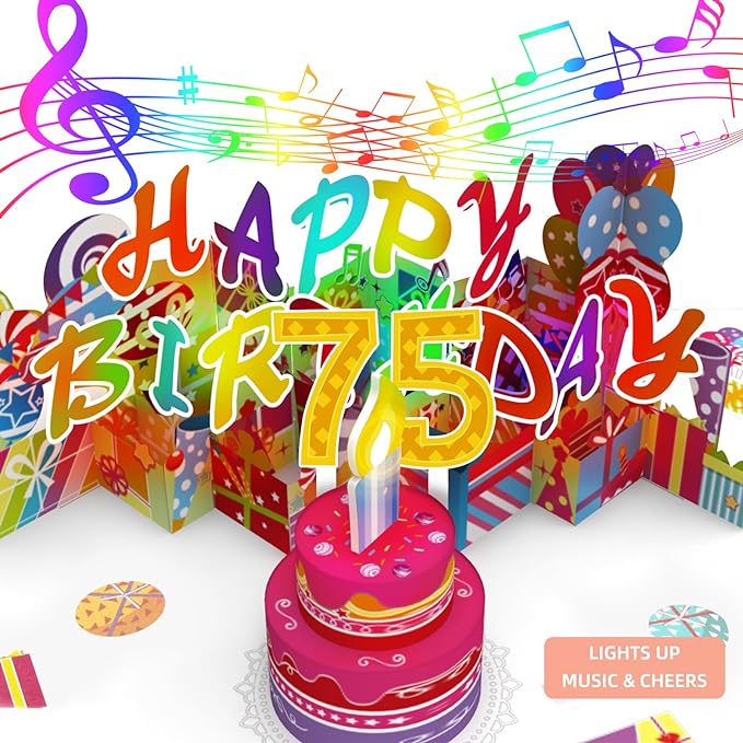 Gumry 75TH Musical Birthday PopUp Card, Blowable Colorful Light Candle 3D Cards with Song, Applause Cheers Sound, Greeting Cards Birthday Gifts Decorations for Women Men Turning 75 Years Old