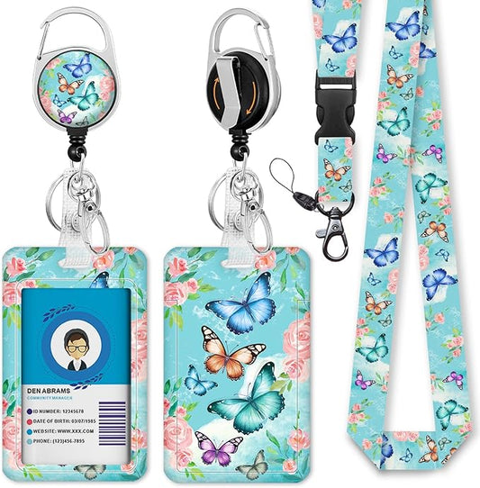 GIANCOMICS ID Badge Holder with Breakaway Lanyard, Cute Butterfly Lanyards for ID Badges ID Card Holder, Retractable Badge Reel Clips Heavy Duty Keychain Badge Lanyard, Teacher Nurse Work Office Gifts