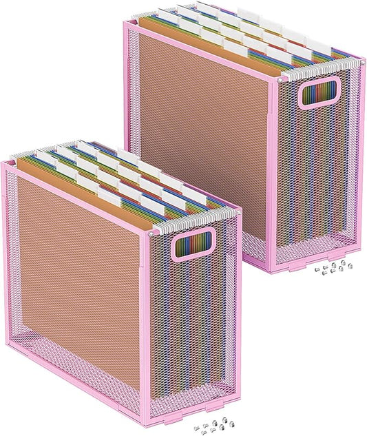 Oterri Hanging File Organizer, Metal File Organizer, Portable Desktop File Organizer for Letter Size Folder, Mesh Hanging File Crate for Office,Folders Not Included(Fairy Pink,2 Pack)