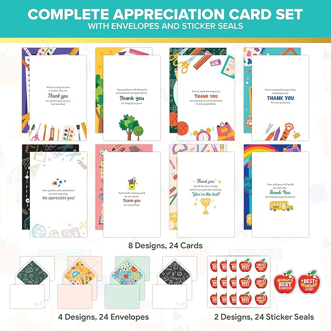 Decorably 24 Pack 4x6in Teacher Appreciation Cards with Envelopes and Stickers, 8 Colorful Designs Teacher Thank You Cards from Students with Printed Message Inside
